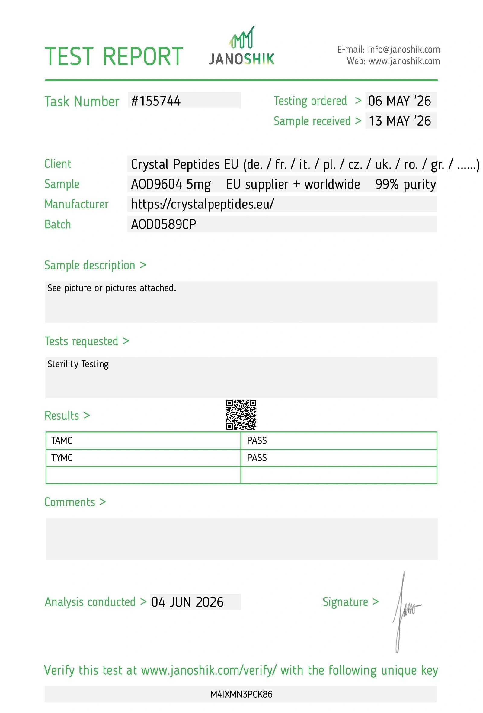 AOD 9604 (5mg) Sterility Lab Test