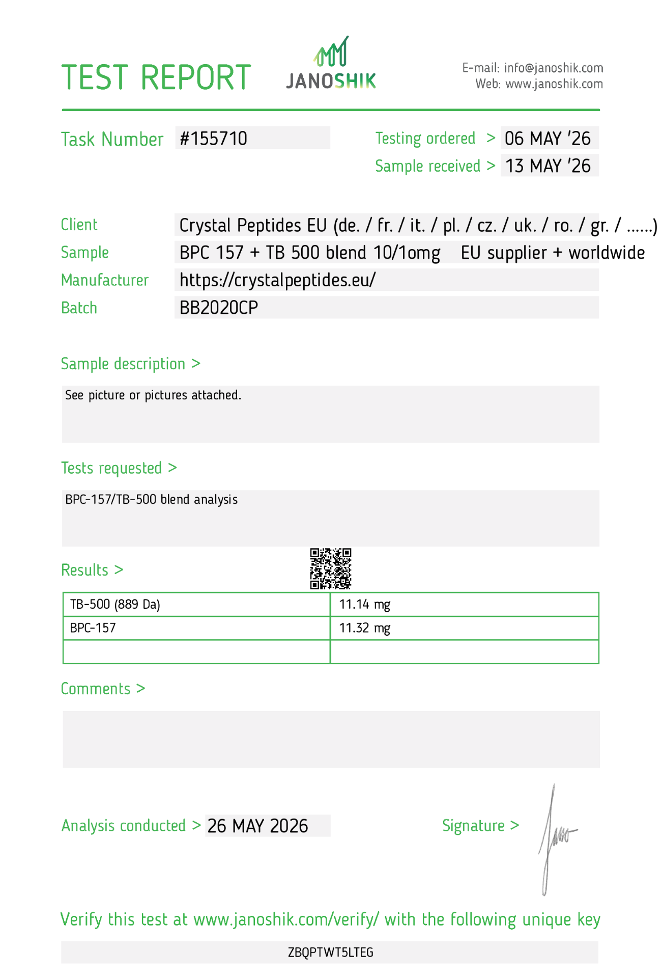 BPC 157 & TB 500 (10/10mg) Purity & Identity Lab Test