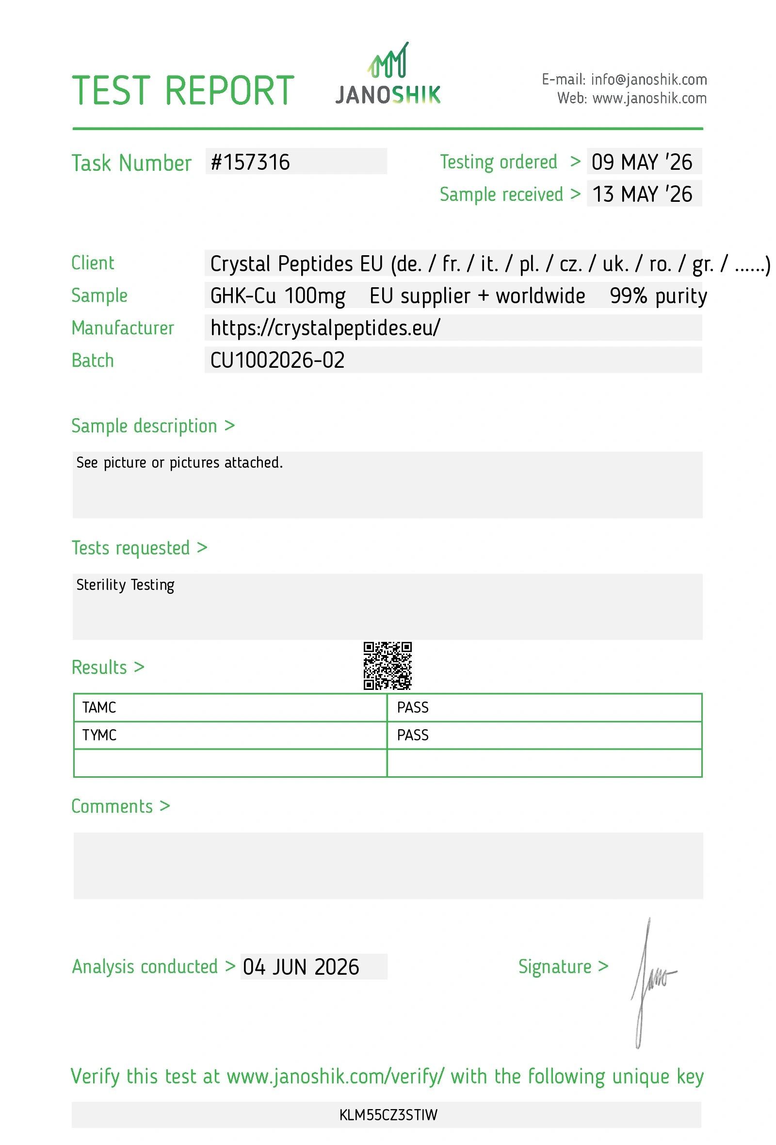 GHK-CU (100mg) Sterility Lab Test