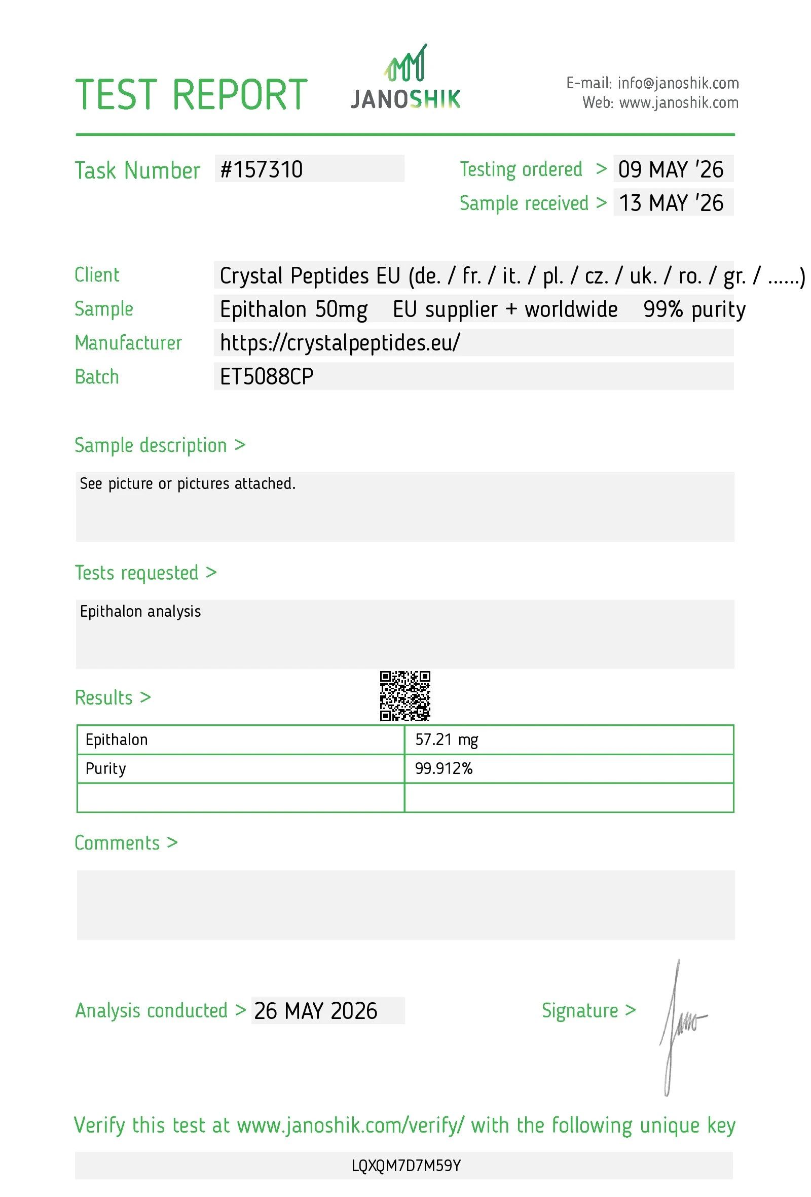 Epithalon (50mg) Purity & Identity Lab Test