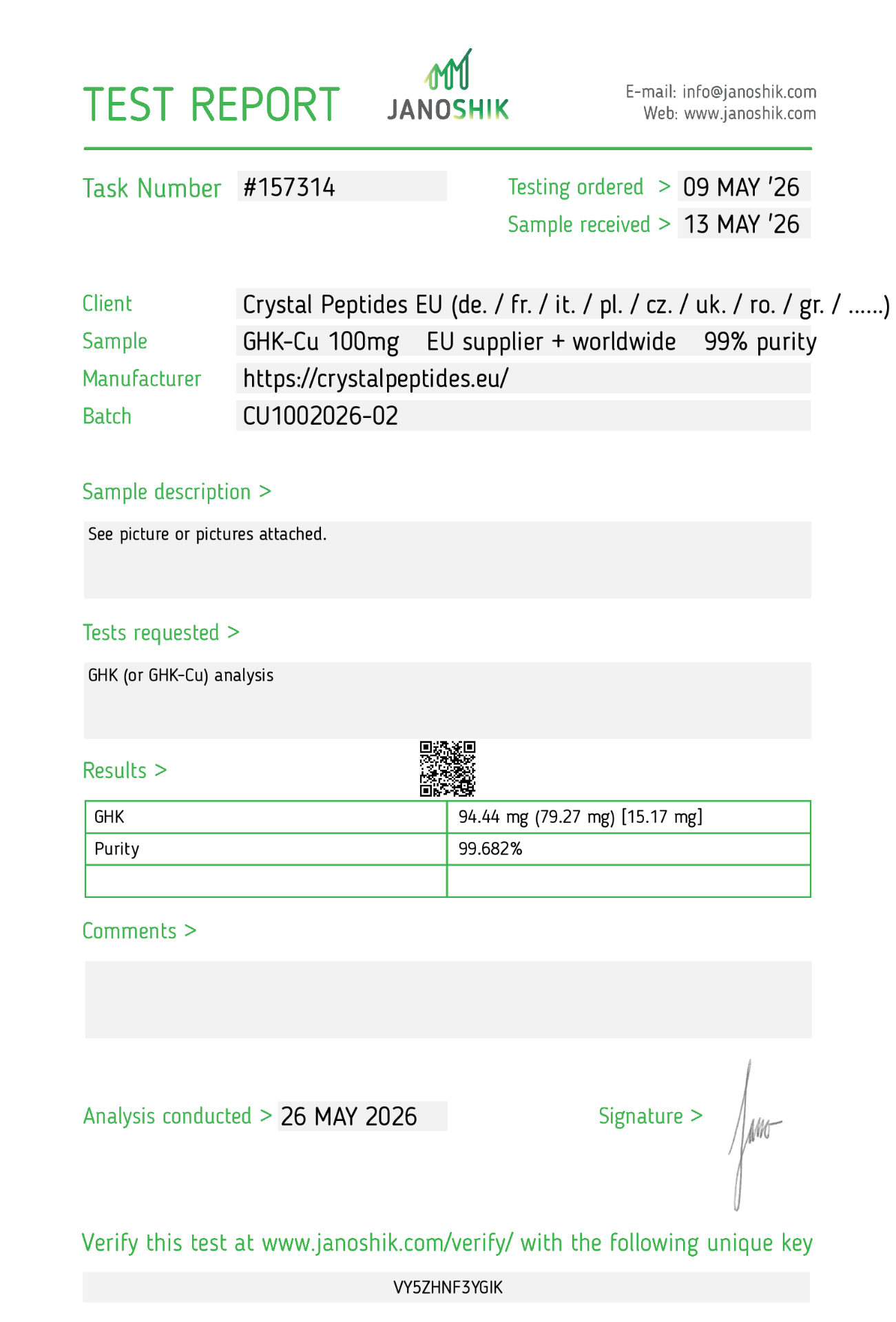 GHK-CU (100mg) Purity & Identity - Task #157314 Lab Test