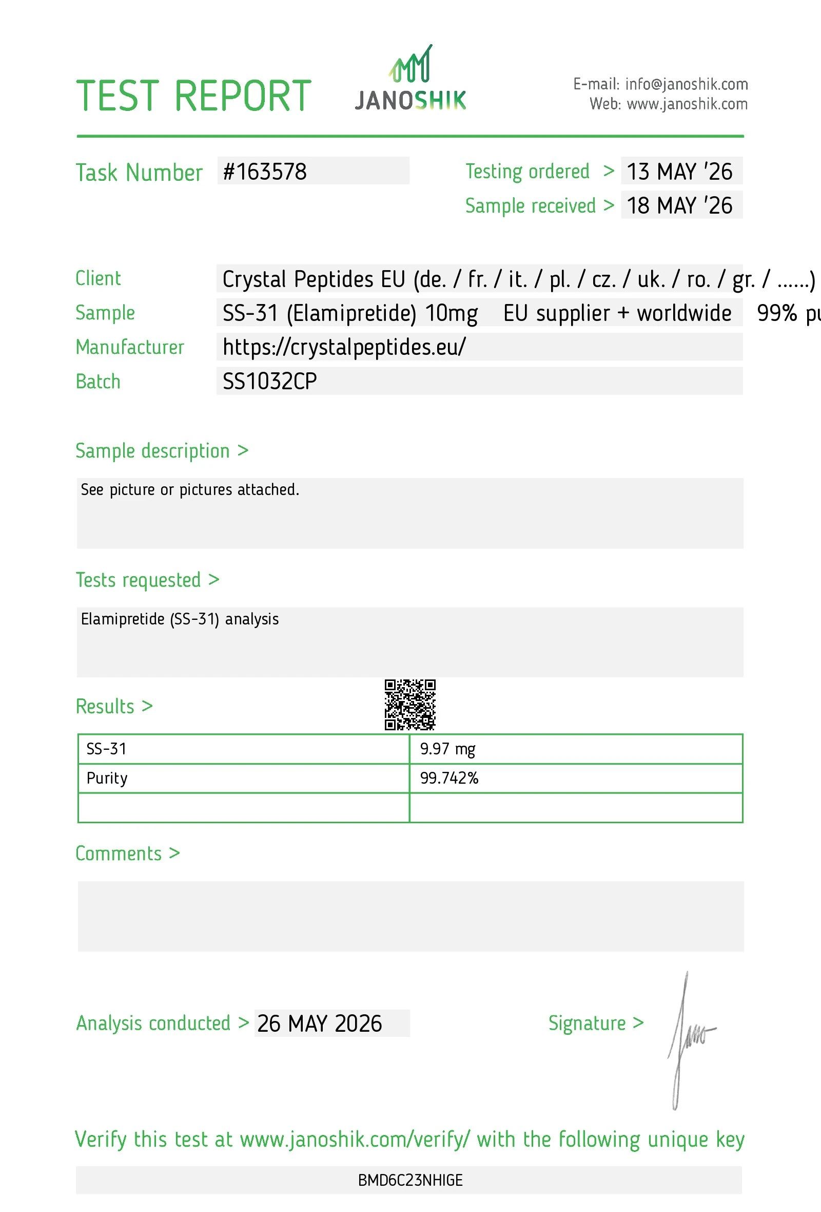 SS-31 (10mg) Purity & Identity Lab Test
