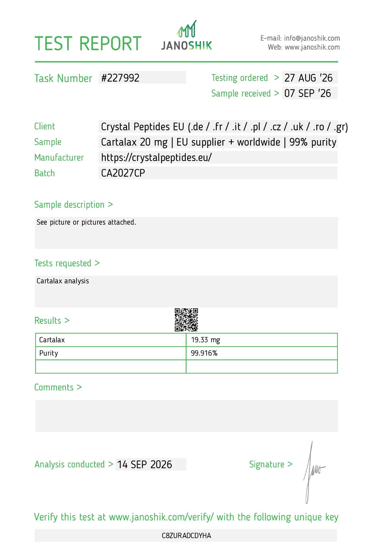 Cartalax (20mg) Purity & Identity Test Laboratoryjny