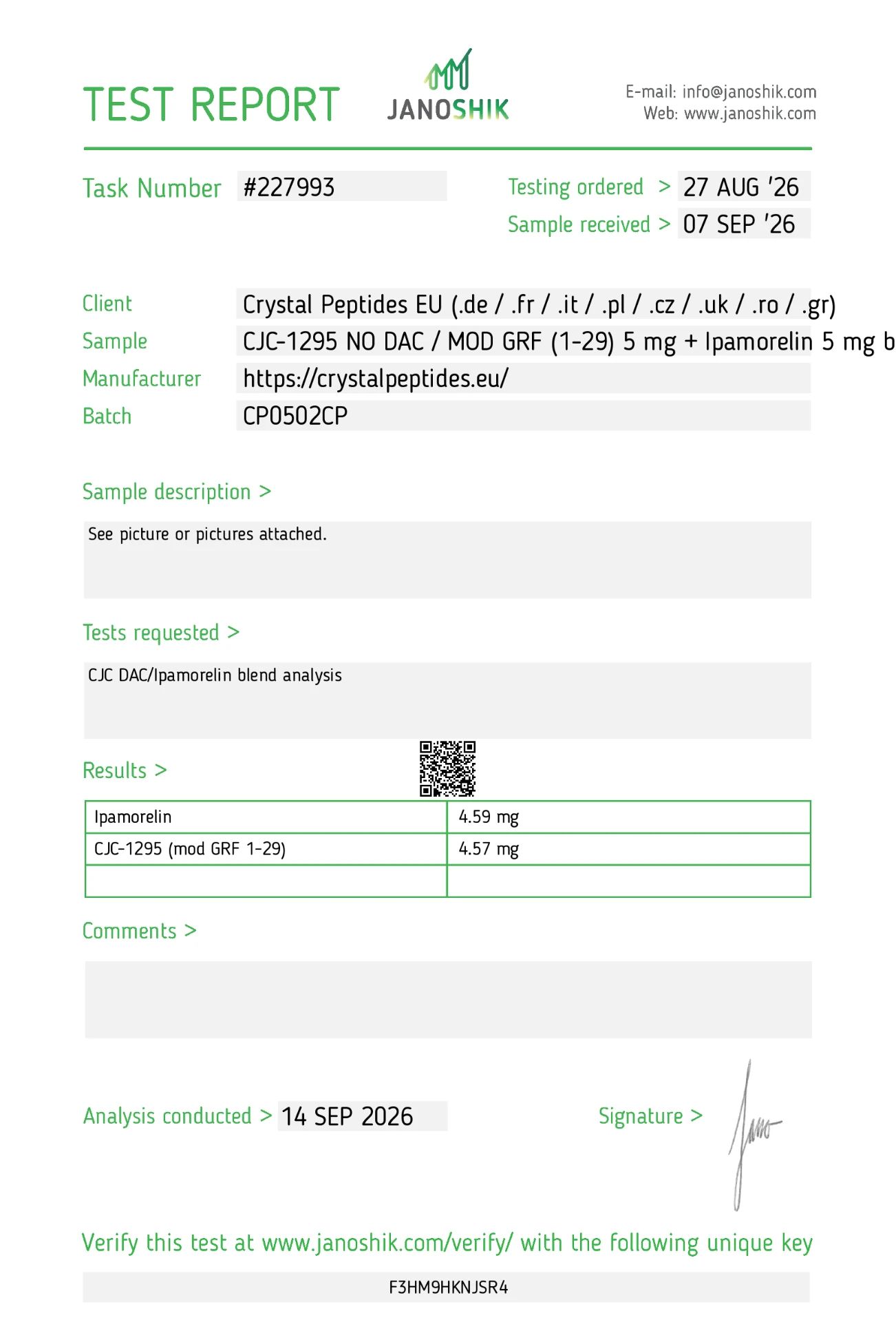 CJC-1295 no DAC 5mg + IPA 5mg 10mg (Čistota a identita)