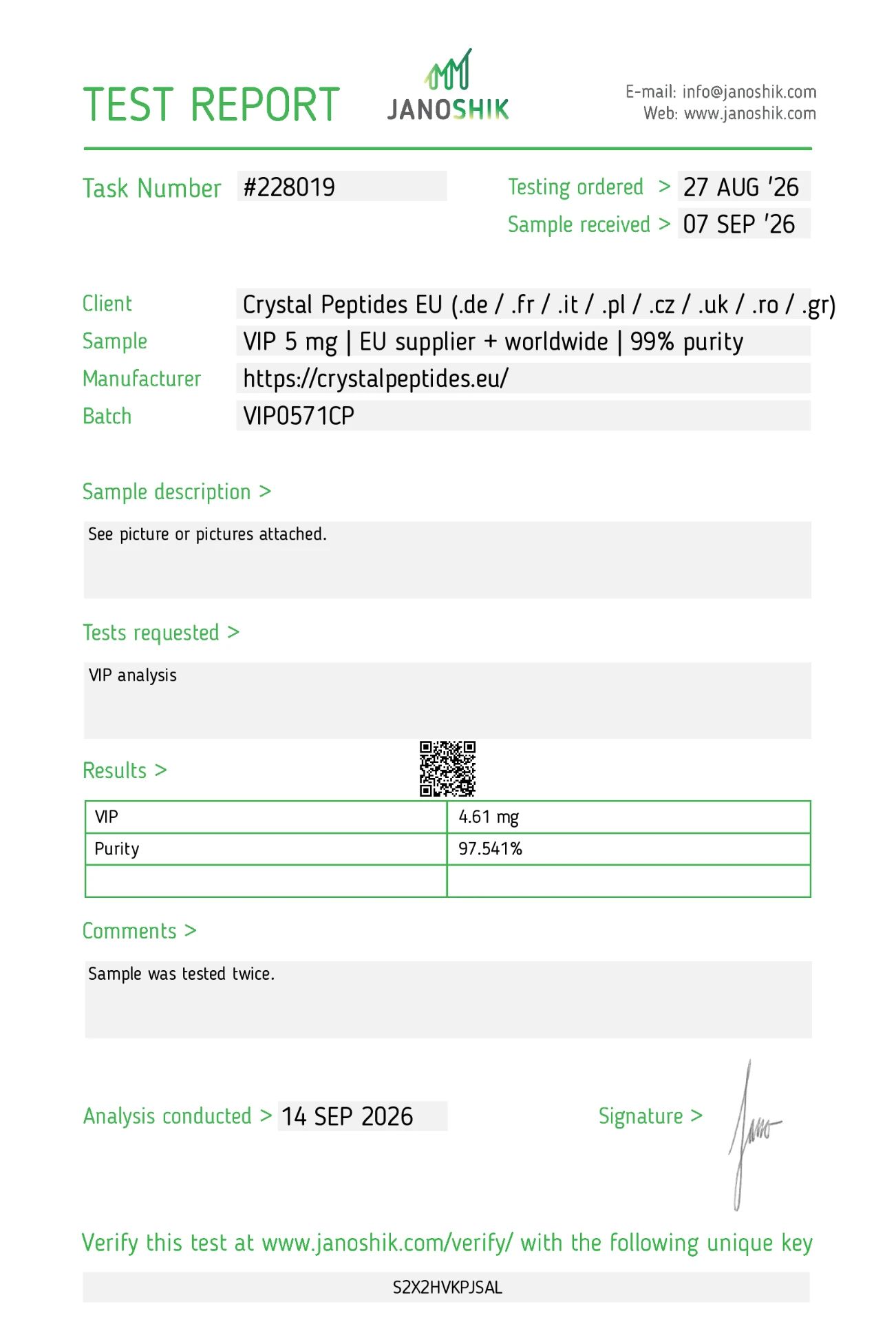 VIP (5mg) Purity & Identity Test de laborator