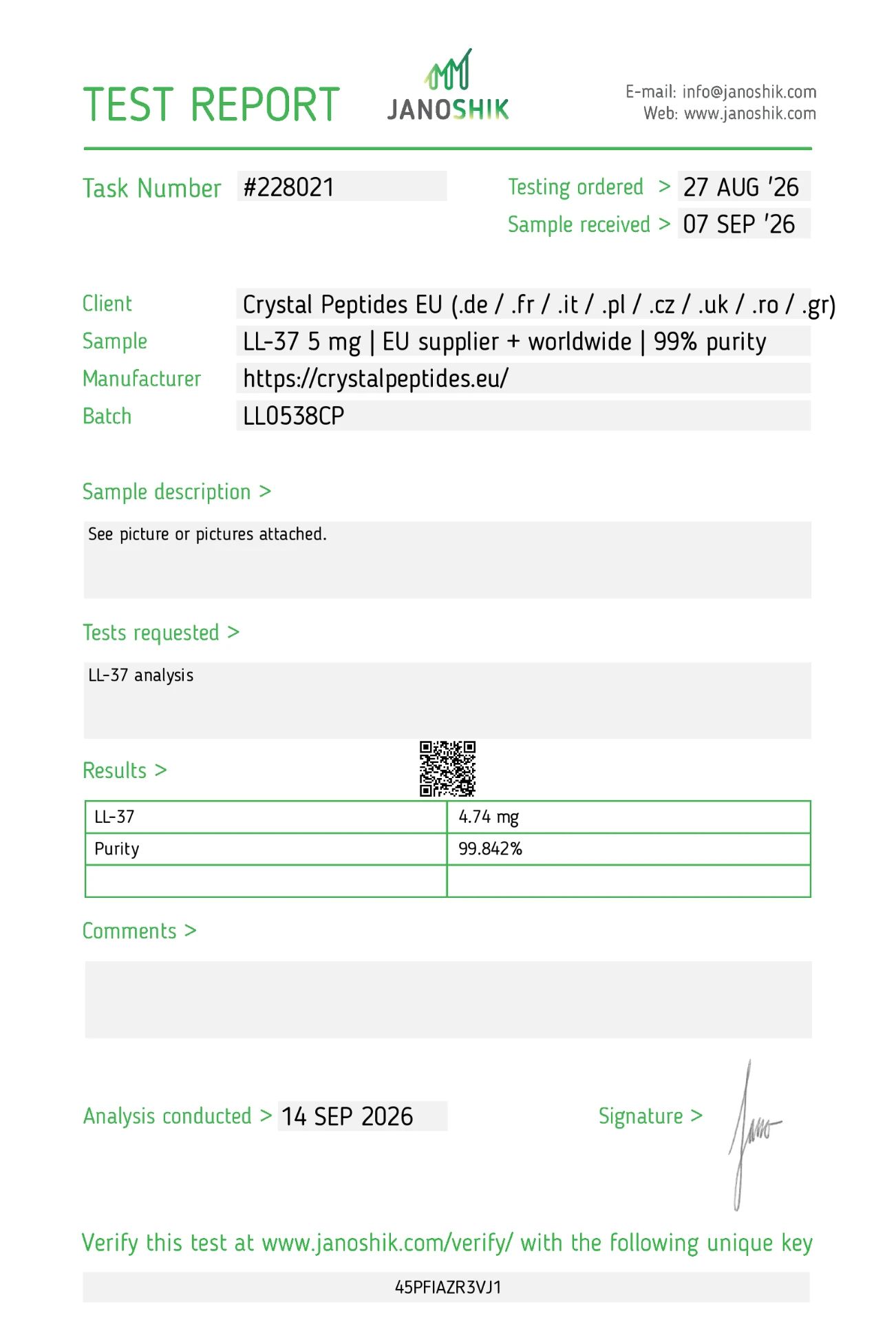 LL-37 (5mg) Purity & Identity Test di Laboratorio