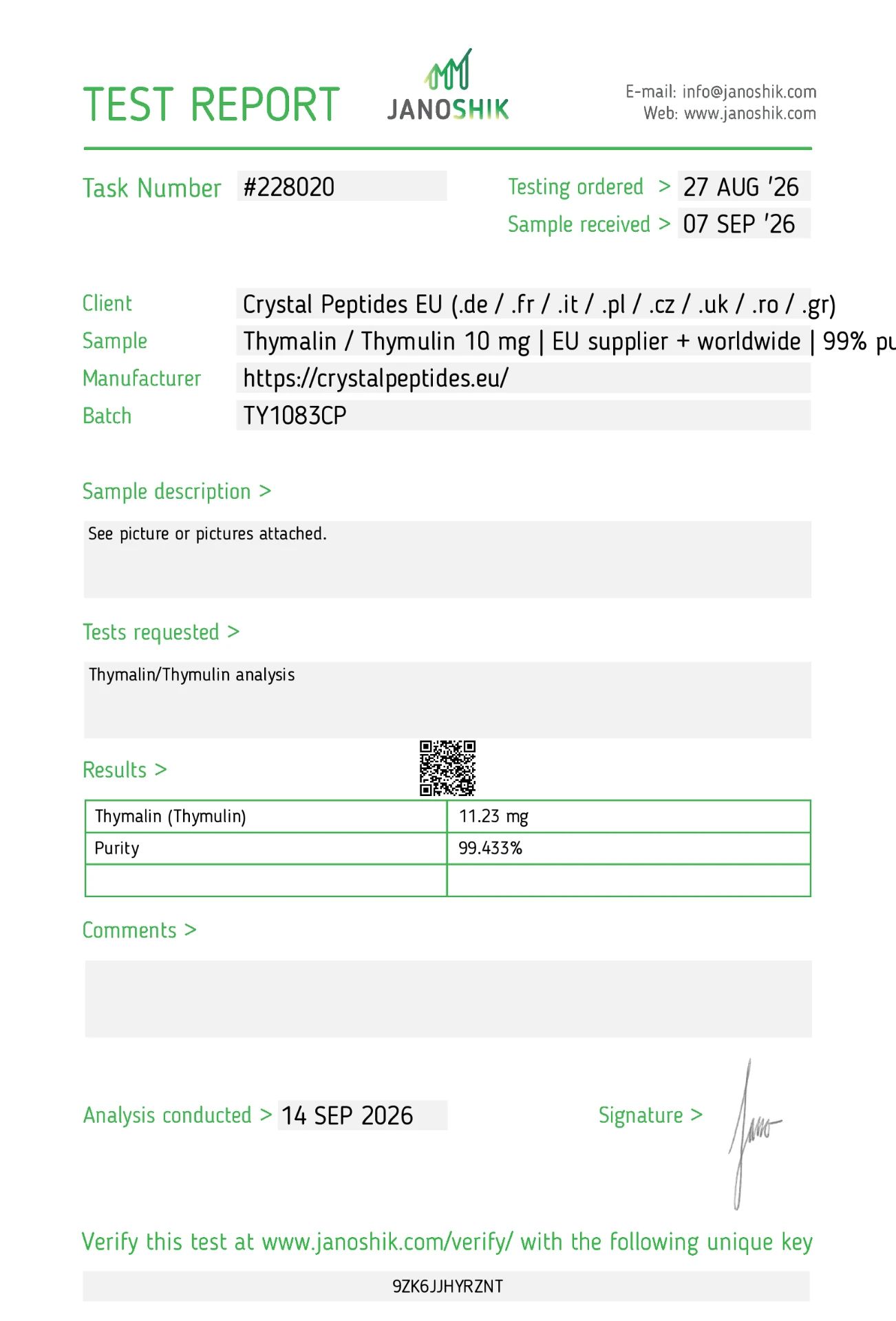 Thymalin / Thymulin (10mg) Purity & Identity Test di Laboratorio