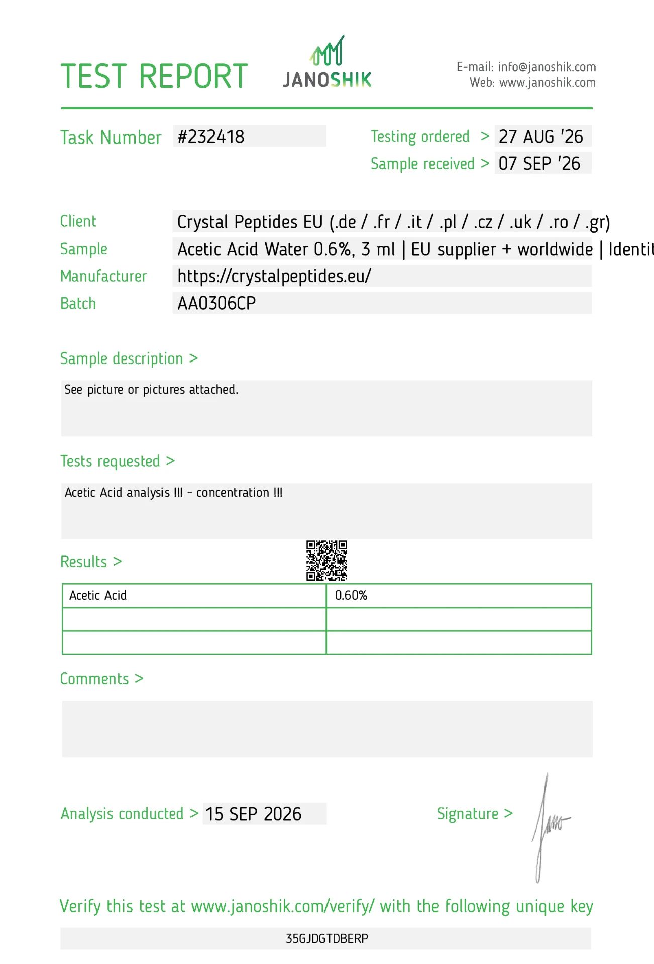 Acetic Acid Content · 0.60% Test di Laboratorio