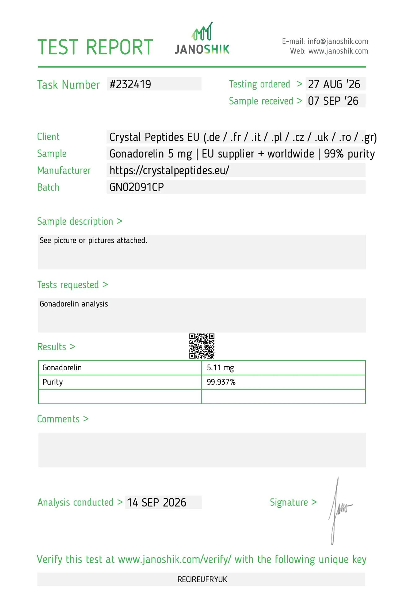 Gonadorelin 5mg (Čistota a identita)