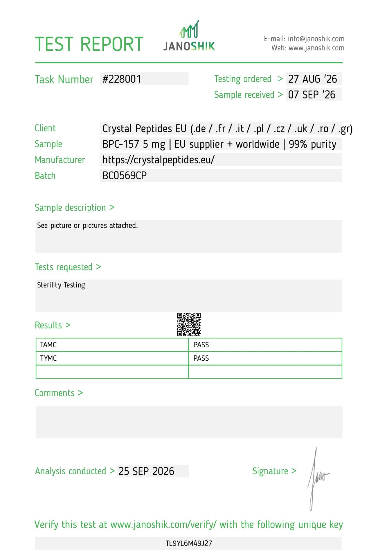 BPC 157 (5mg) Sterility Labortest