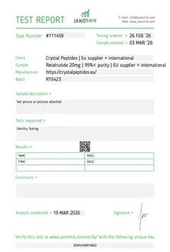 retatrutide purity test Tested blind. Verified pure. 99.644%. We sent this batch of to Janoshik Analytical with no instructions on what to look for. They ran a blind GLP-1 panel across Semaglutide, Tirzepatide, and Best Retatrutide Peptide (Triple Agonist)