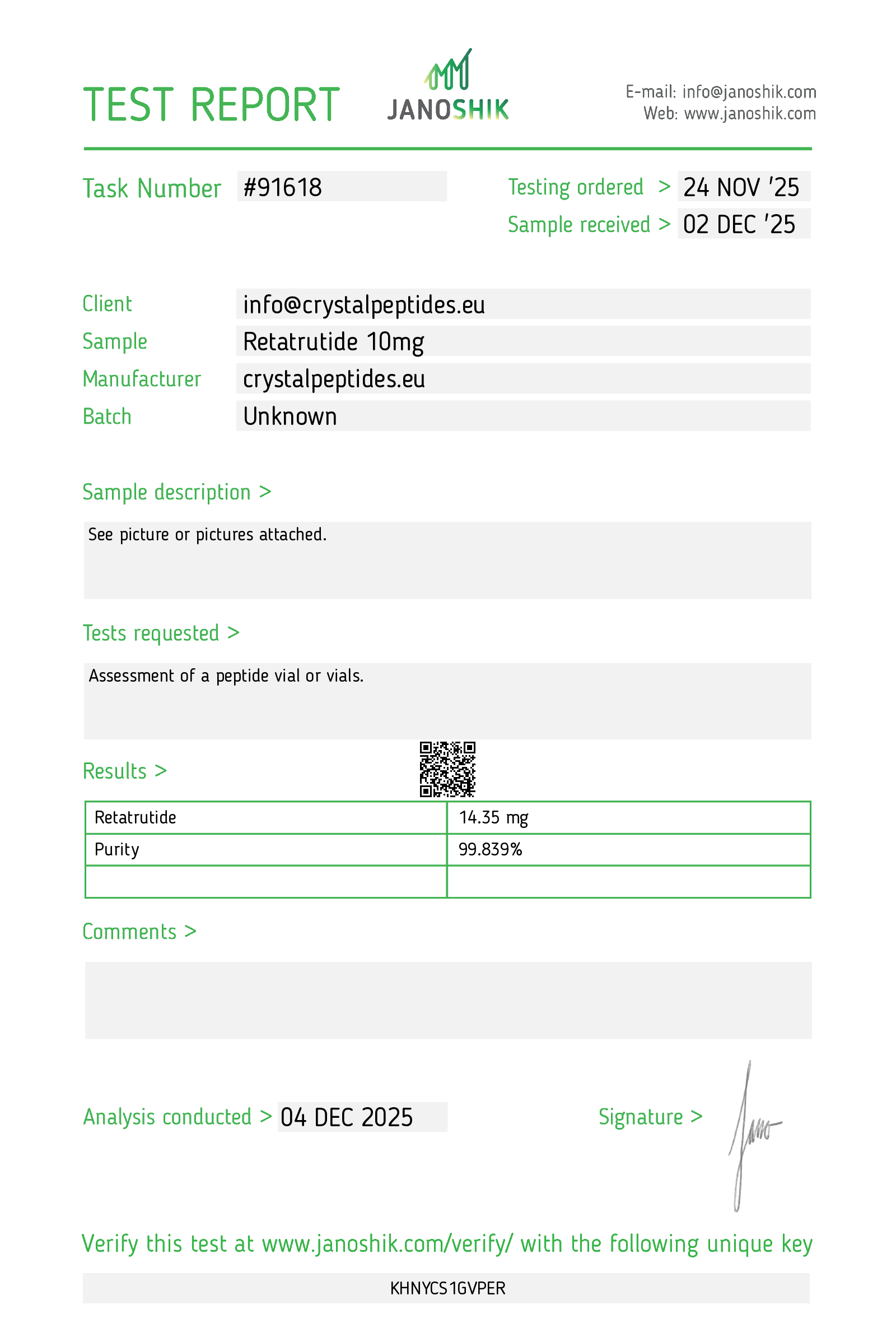 Retatrutide 10mg (Čistota a identita) – Predchádzajúca šarža