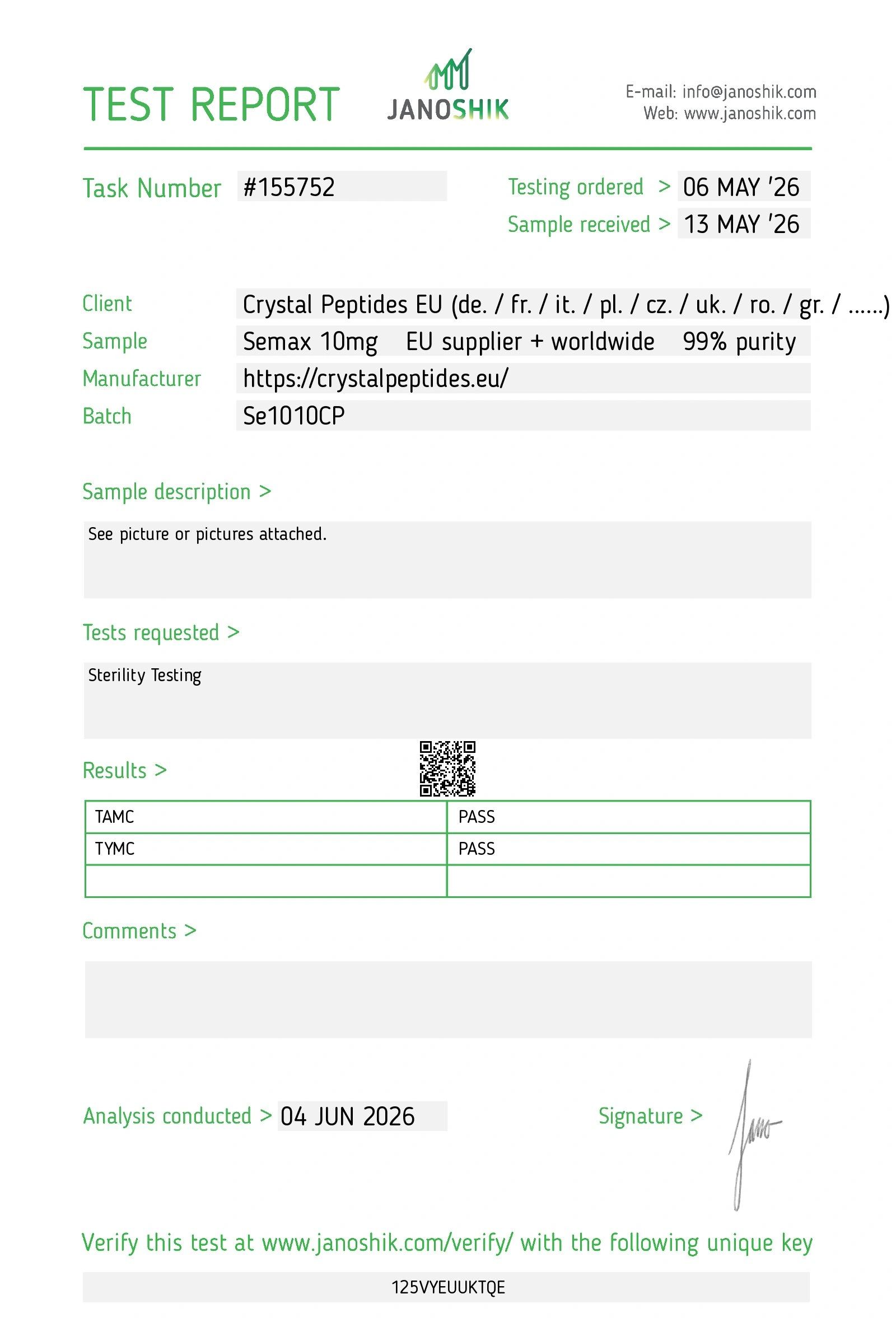 Semax (10mg) Sterility Lab Test