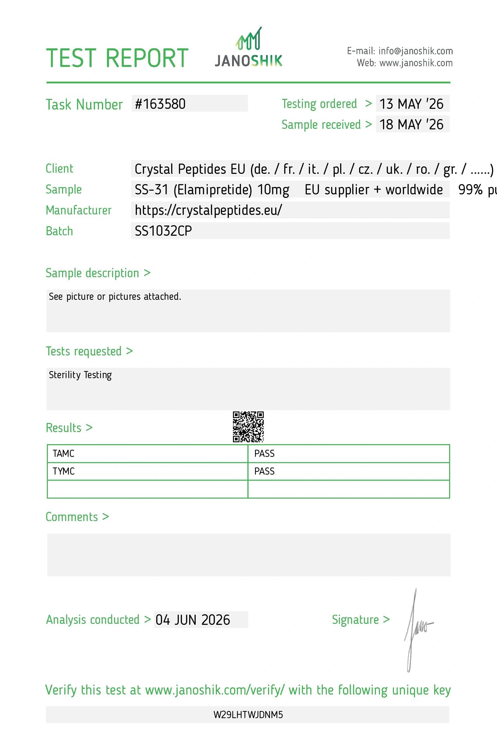 SS-31 (10mg) Sterility Lab Test